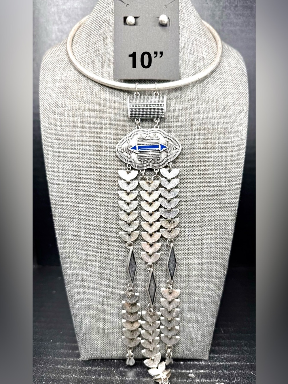 153. Sterling Silver-Tone Blue Accent Fringe Necklace